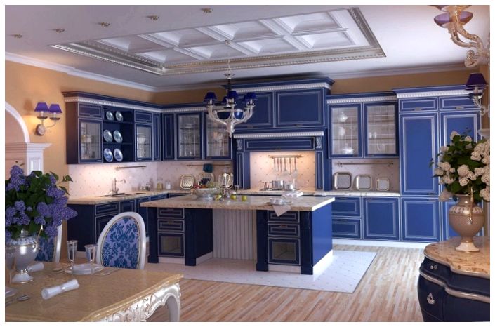 синяя кухня с серебром